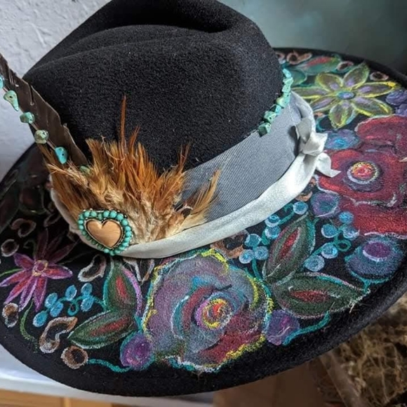 Fedora Womens Floral Black Hat with Feather Accent Beautiful Hand Painted main image 8